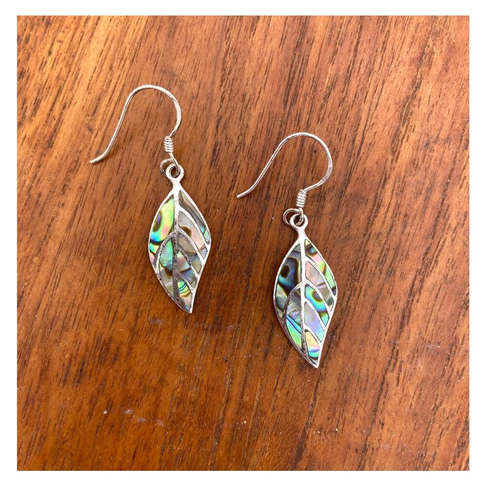 Sterling Silver Abalone Inlay Leaf Earrings 925 Drop Dangle